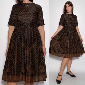 Vintage 1960s FIT & FLARE Brown Patterned Dress -- Small